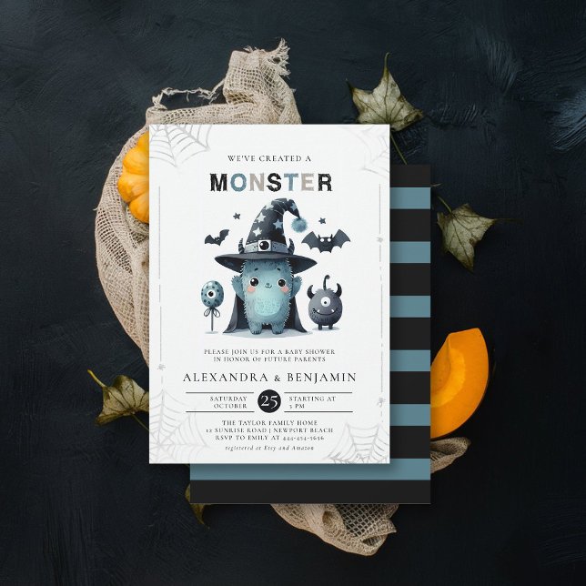 Monster Halloween October Coed Boy Baby Shower Invitation (halloween baby shower invitation cute monster watercolor character coed couple october fall)