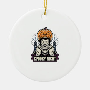 Monster Halloween Shirt with Pumpkin Moon Engravin Ceramic Tree Decoration