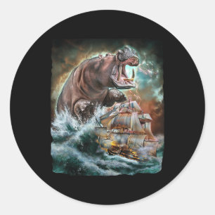Monster Hippo As Kraken Attack A War Ship At High  Classic Round Sticker