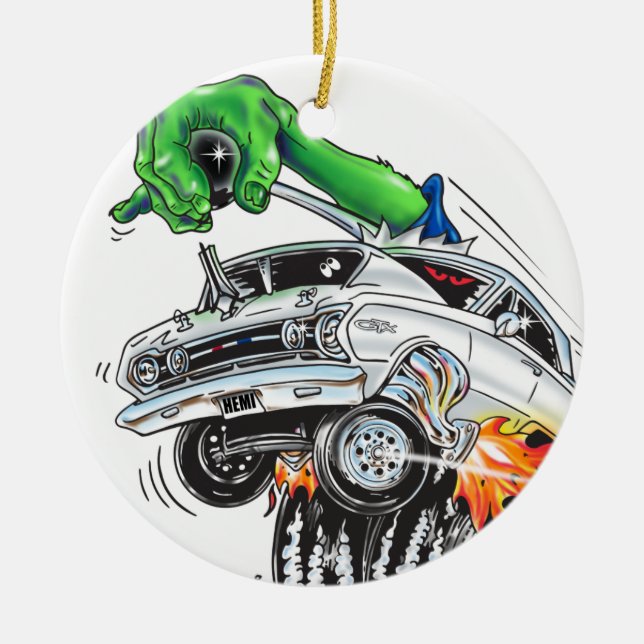 Monster Hot Rod Racer (white) Ceramic Tree Decoration (Front)