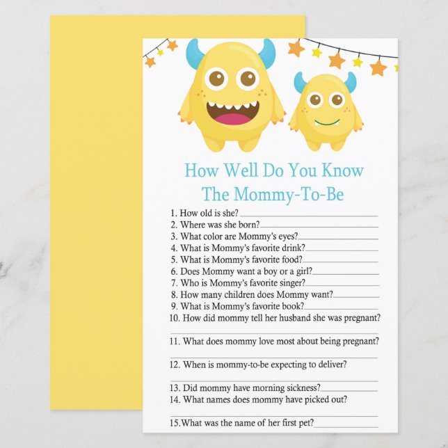 Monster how well do you know baby shower game (Front/Back)