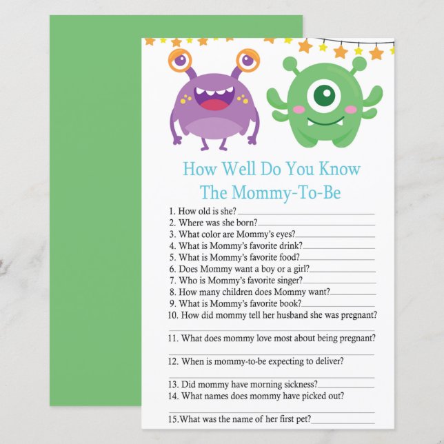 Monster HOW WELL DO YOU KNOW baby shower game (Front/Back)