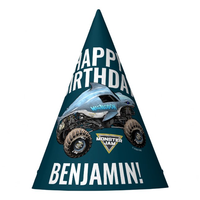 Monster Jam Megalodon Happy Birthday Party Hat (Front)