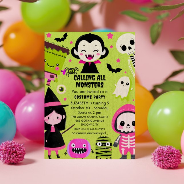 Monster Mash Green Kids Halloween Birthday Party Invitation (Creator Uploaded)