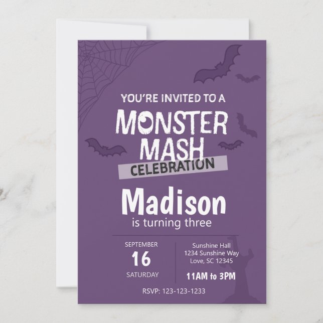 Monster Mash Halloween Birthday Invite (purple) (Front)