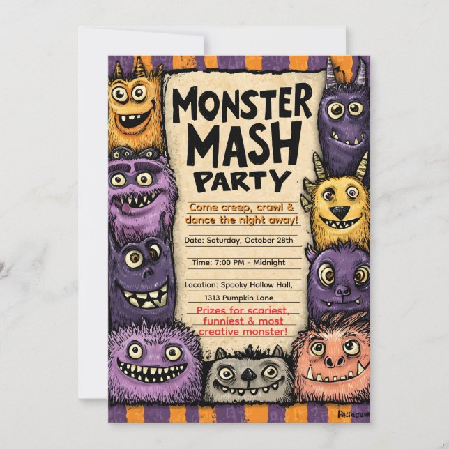"Monster Mash Party" with Cute Monsters Invitation (Front)