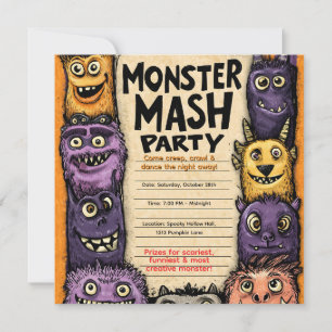 "Monster Mash Party" with Cute Monsters Invitation