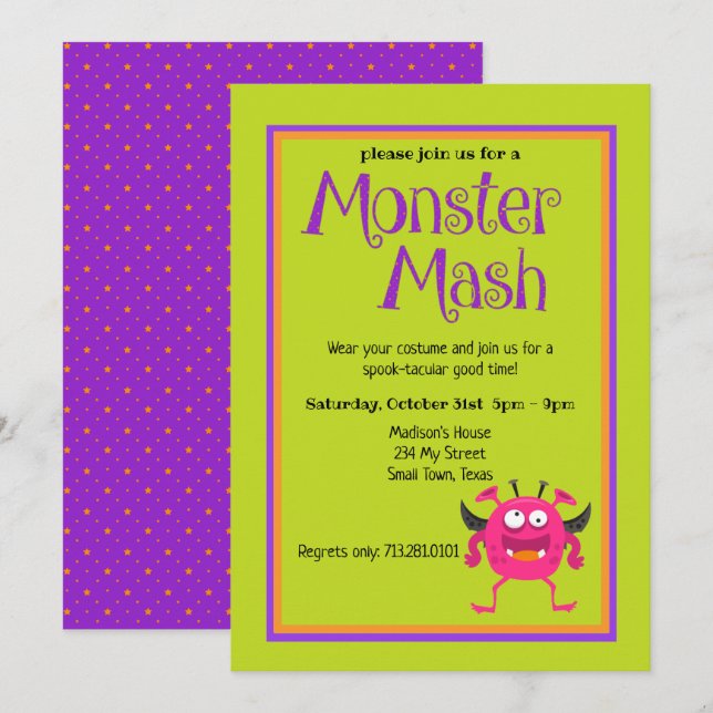 Monster Mash Pink Kids Cute Colourful Halloween Invitation (Front/Back)
