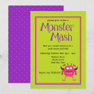 Monster Mash Pink Kids Cute Colourful Halloween Invitation