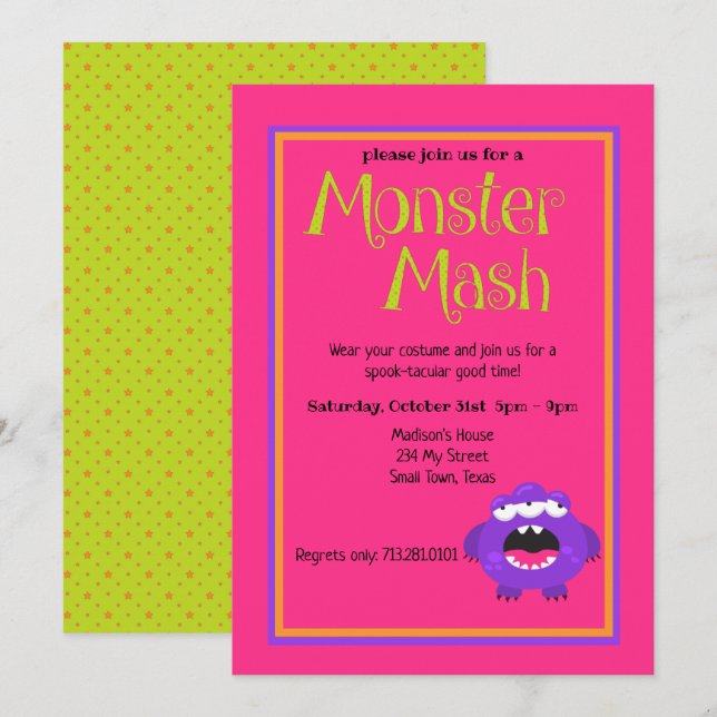 Monster Mash Purple Kids Cute Colourful Halloween Invitation (Front/Back)