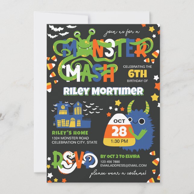 Monster Mash Typography Boy Halloween Birthday Invitation (Front)