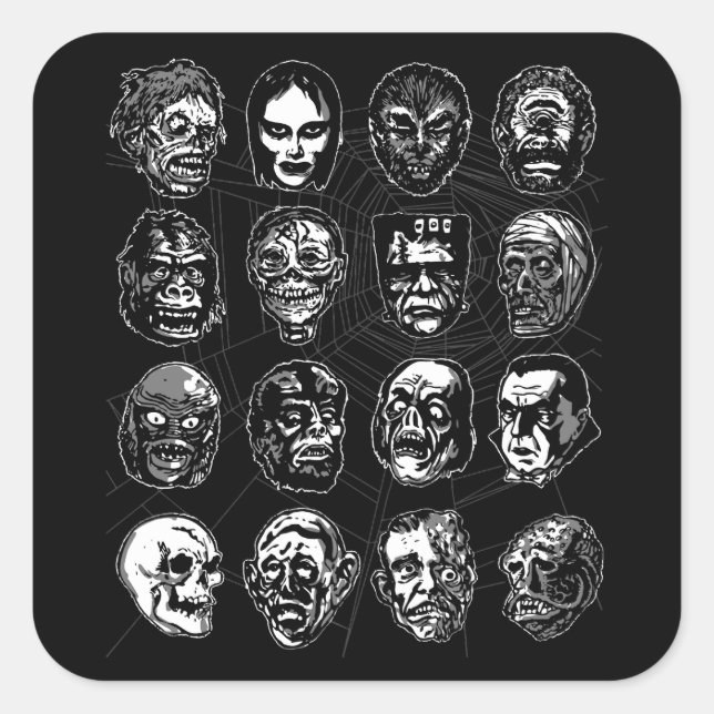 Monster Masks Art Sticker B & W – Retro Halloween (Front)