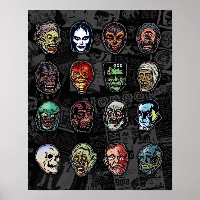 Monster Masks Colour Poster – Retro Halloween (Front)