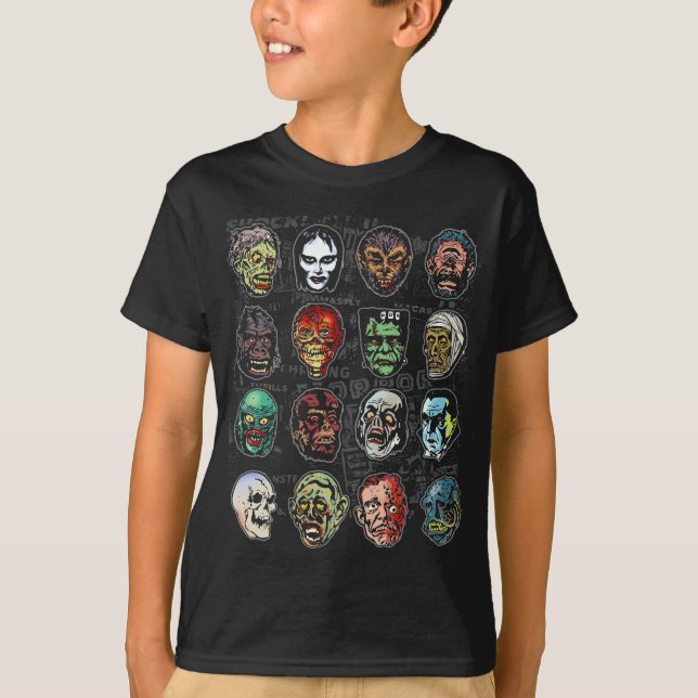 Monster Masks Colour Youth T-Shirt – Halloween (Front)