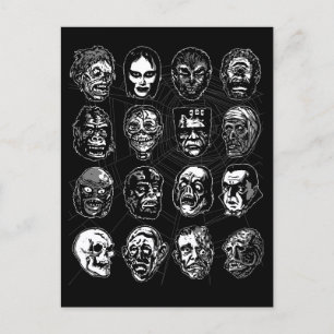 Monster Masks Horror Art Postcard black & white