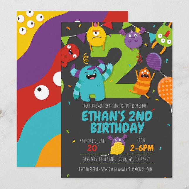 Monster Party Invitation, Monster Boy Invitation (Front/Back)