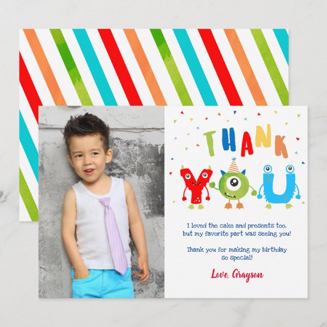 Monster Photo Birthday Party Thank You Cards (Front/Back)