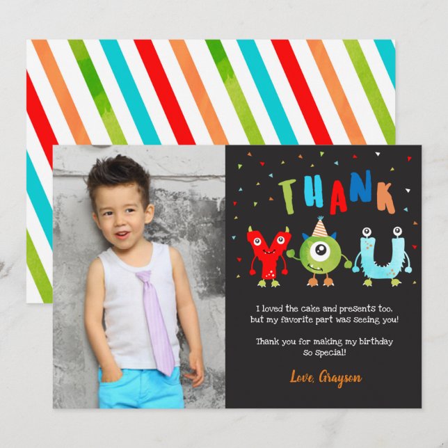 Monster Photo Birthday Party Thank You Cards (Front/Back)