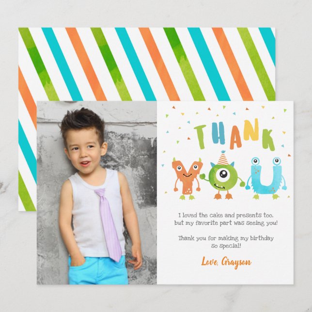 Monster Photo Birthday Party Thank You Cards (Front/Back)