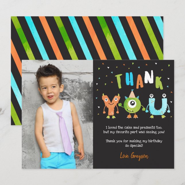 Monster Photo Birthday Party Thank You Cards (Front/Back)