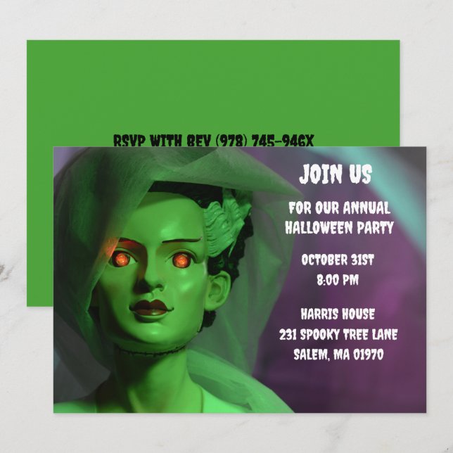 Monster Purple and Green  Bride of Frankenstein  Invitation (Front/Back)