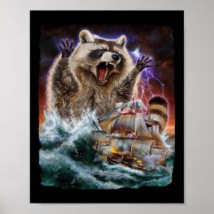 Monster Racoon As Kraken Attack A War Ship At Hig Poster