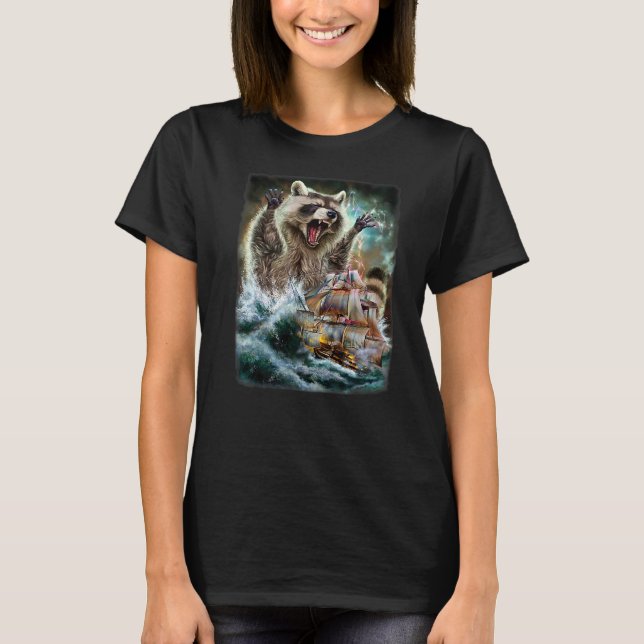 Monster Racoon As Kraken Attack A War Ship At Hig T-Shirt (Front)