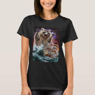 Monster Racoon As Kraken Attack A War Ship At Hig T-Shirt