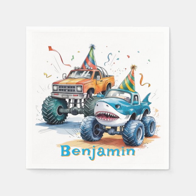 Monster Shark Truck Birthday Bash watercolor Napkin (Front)