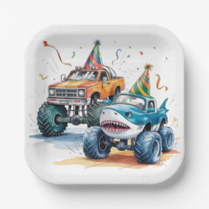 Monster Shark Truck Birthday Bash watercolor Paper Plate
