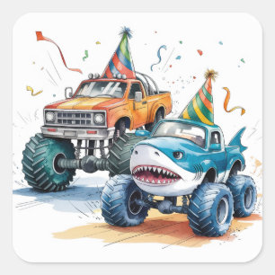 Monster Shark Truck Birthday Bash watercolor Square Sticker