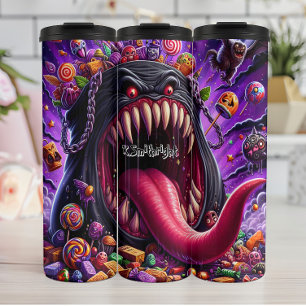 Monster Surrounded by Halloween Candy Thermal Tumbler