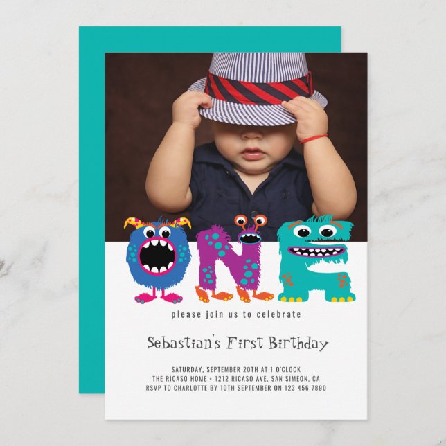 Monster Text First Birthday Photo Personalised Invitation (Front/Back)