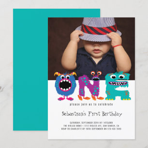 Monster Text First Birthday Photo Personalised Invitation