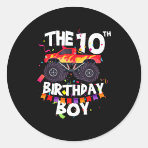 Monster Truck 10th Birthday Boy Funny 10 Years Old Classic Round Sticker