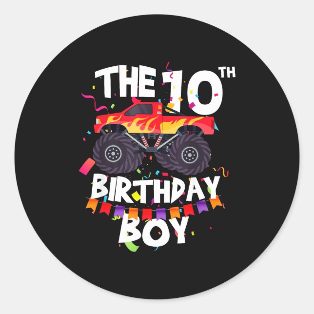Monster Truck 10th Birthday Boy Funny 10 Years Old Classic Round Sticker (Front)