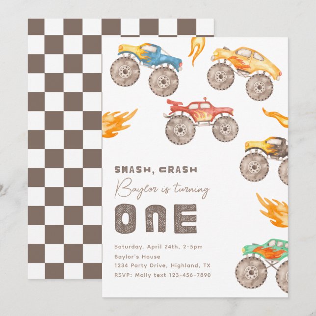 Monster Truck 1st Birthday Invitation | Trucks (Front/Back)