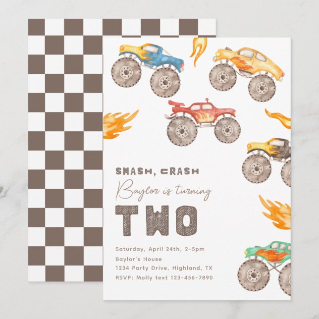 Monster Truck 2nd Birthday Invitation | Trucks (Front/Back)