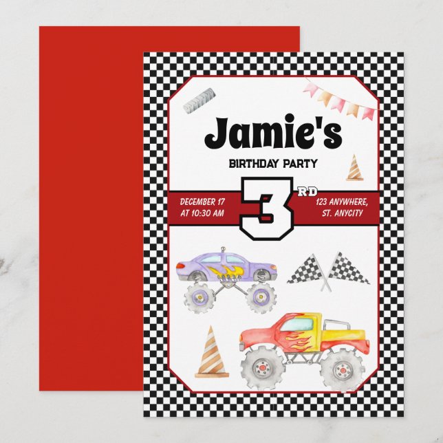 Monster Truck 3rd Birthday Invitation (Front/Back)