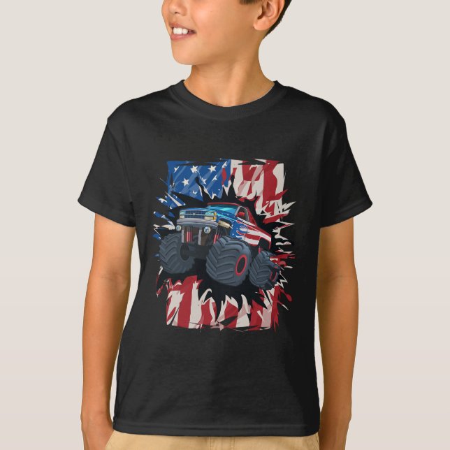 Monster Truck 4th Of July Shirt Boys American Flag (Front)