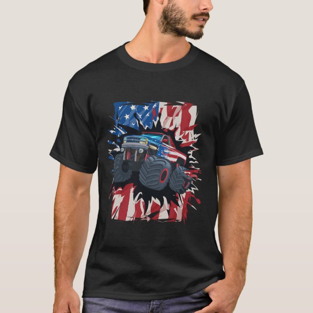 Monster Truck 4th Of July Shirt Boys American Flag (Front)