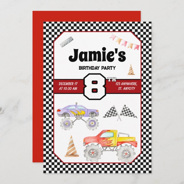 Monster Truck 8th Birthday Invitation (Front/Back)