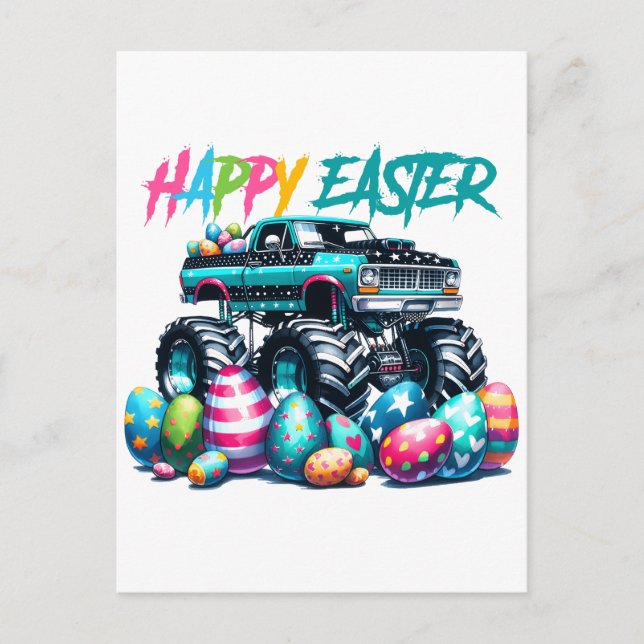 monster truck and easter eggs holiday postcard (Front)