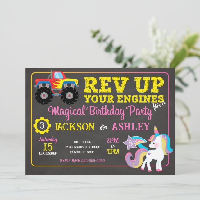 Monster Truck and Unicorn Joint Birthday Invitation (Standing Front)