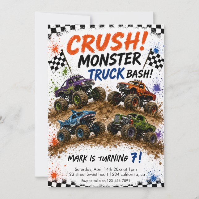 Monster Truck Bash Birthday Invitation (Front)