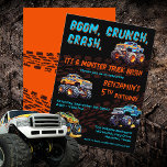 Monster Truck Bash Boy 5th Birthday Party Invitation<br><div class="desc">"Boom,  Crunch,  Crash,  It's A Monster Truck Bash!" fun birthday party celebration for a boy.  Designed in aqua blue and orange text on a black background,  the monster truck artwork really pops.  The dark brown dirt tracks add an additional flair to the overall design.</div>