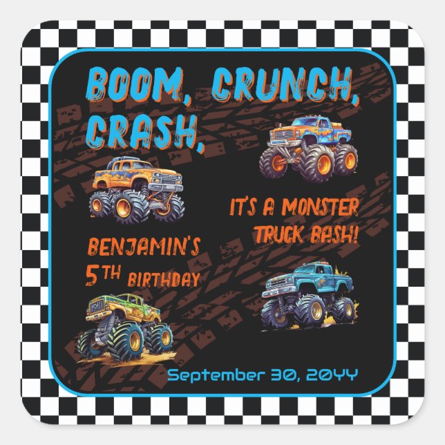 Monster Truck Bash Boy 5th Birthday Party Square Sticker (Front)