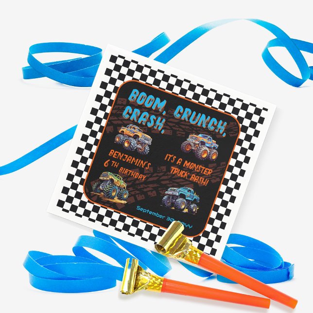 Monster Truck Bash Boy 6th Birthday Party Napkin ("Boom, Crunch, Crash" Boy's Monster Truck-Themed 6th Birthday Party Napkins)