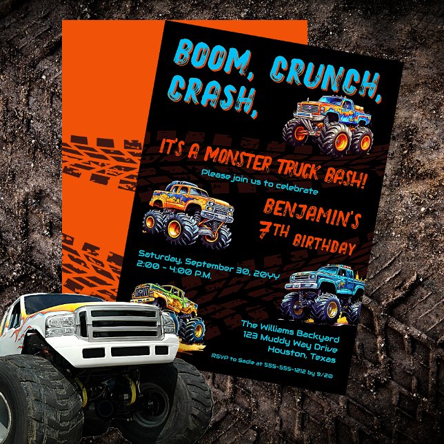 Monster Truck Bash Boy 7th Birthday Party Invitation ("Boom, Crunch, Crash, It's A Monster Truck Bash" Boy's 7th Birthday Party Invitation)