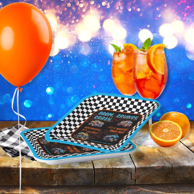 Monster Truck Bash Boy 7th Birthday Party Paper Plate ("Boom, Crunch, Crash, It's A Monster Truck Bash" Boy's 7th Birthday Party 9" Square Paper Plates)